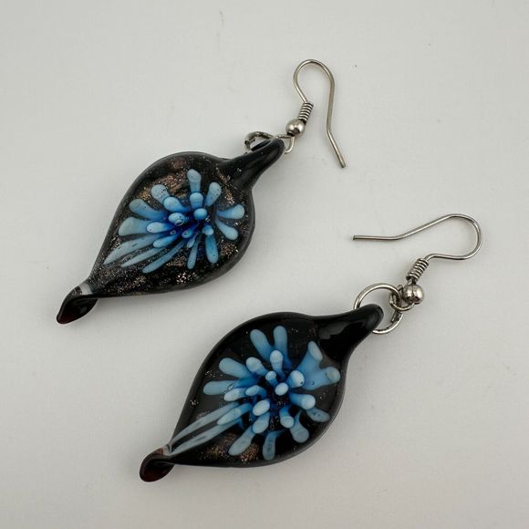 Artisan Lampwork Glass Teardrop Floral Dangle Earrings Black Blue Gold 2" - Picture 12 of 12